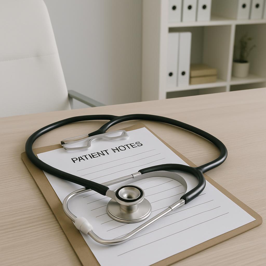 A clipboards with a stethoscope on top always written as PATIENT NOTES and a white office chair.
