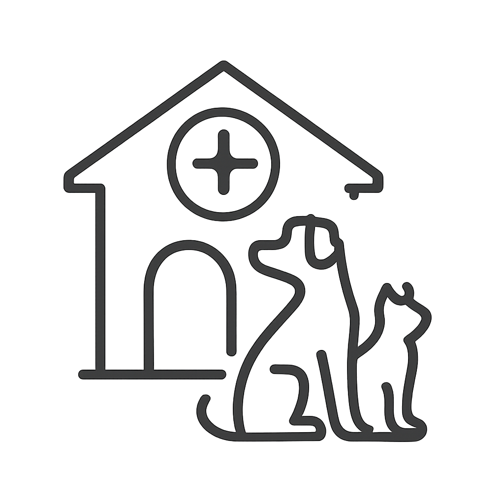 A grey outline of a house and cat sits in the dark, indicating a pet-friendly, possibly veterinary, environment.